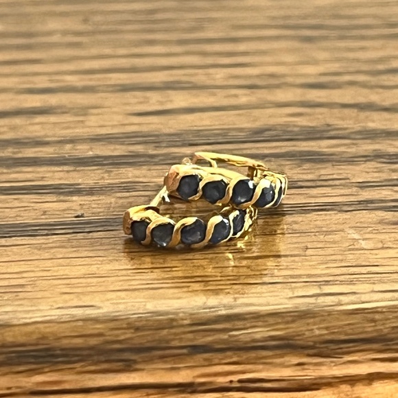 Catbird Jewelry - 10k gold sapphire earrings natural blue hoop hoops huggies yellow minimalist 10k